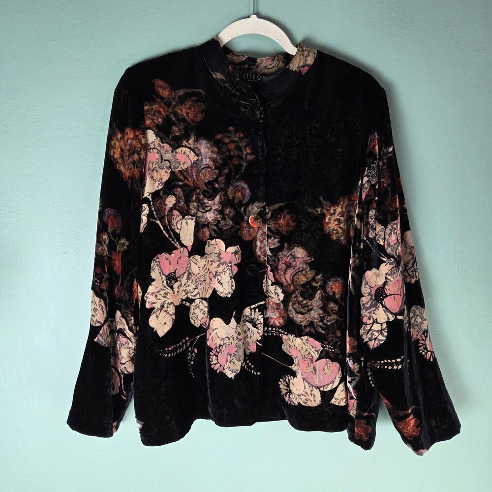 Citron Santa Monica Womens Multicolor Floral Burnout Silk Velvet Button Top PL